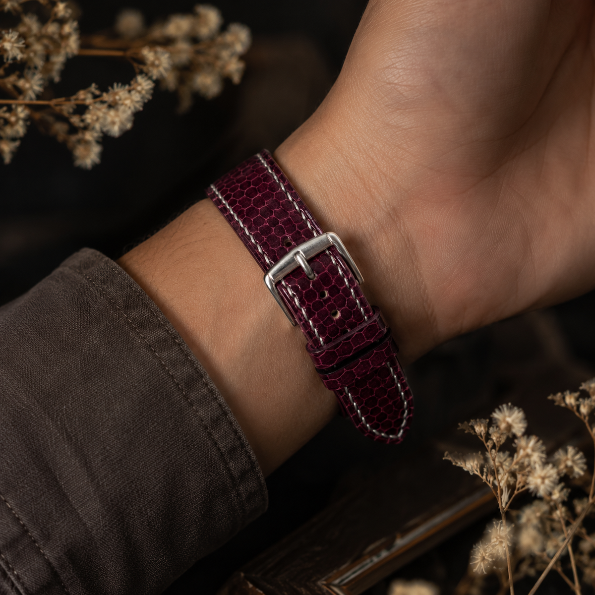 Burgundy Oxblood Sea Snake Leather Watch Strap - Handmade