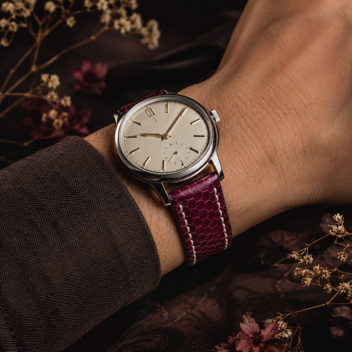 Burgundy Oxblood Sea Snake Leather Watch Strap - Handmade