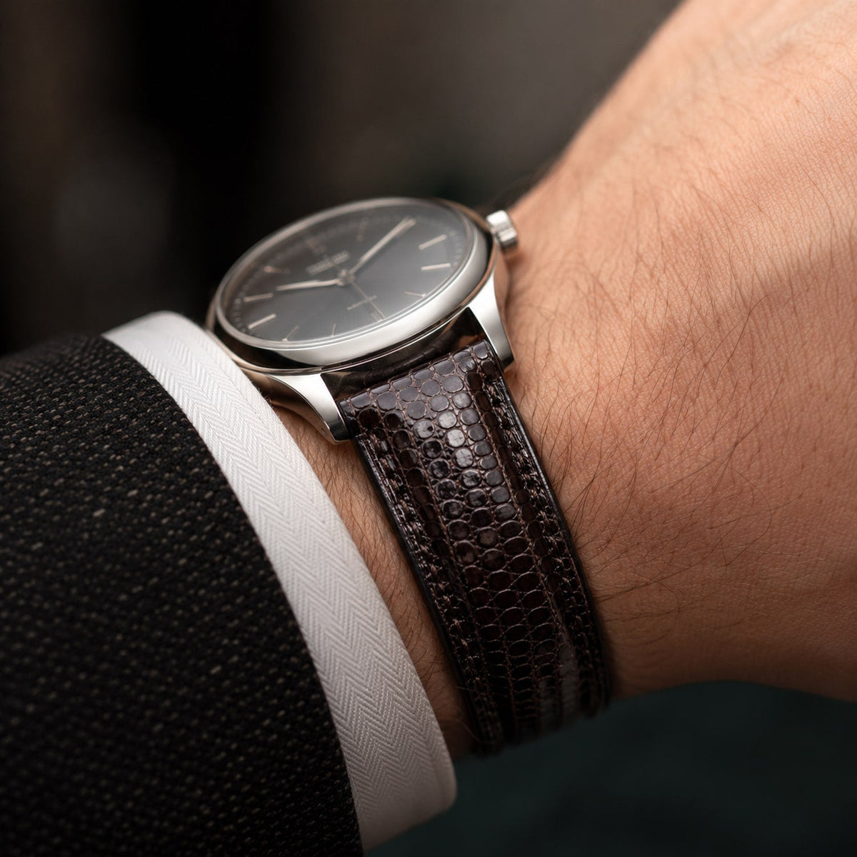 Dark Brown Lizard Leather Watch Strap - Handmade