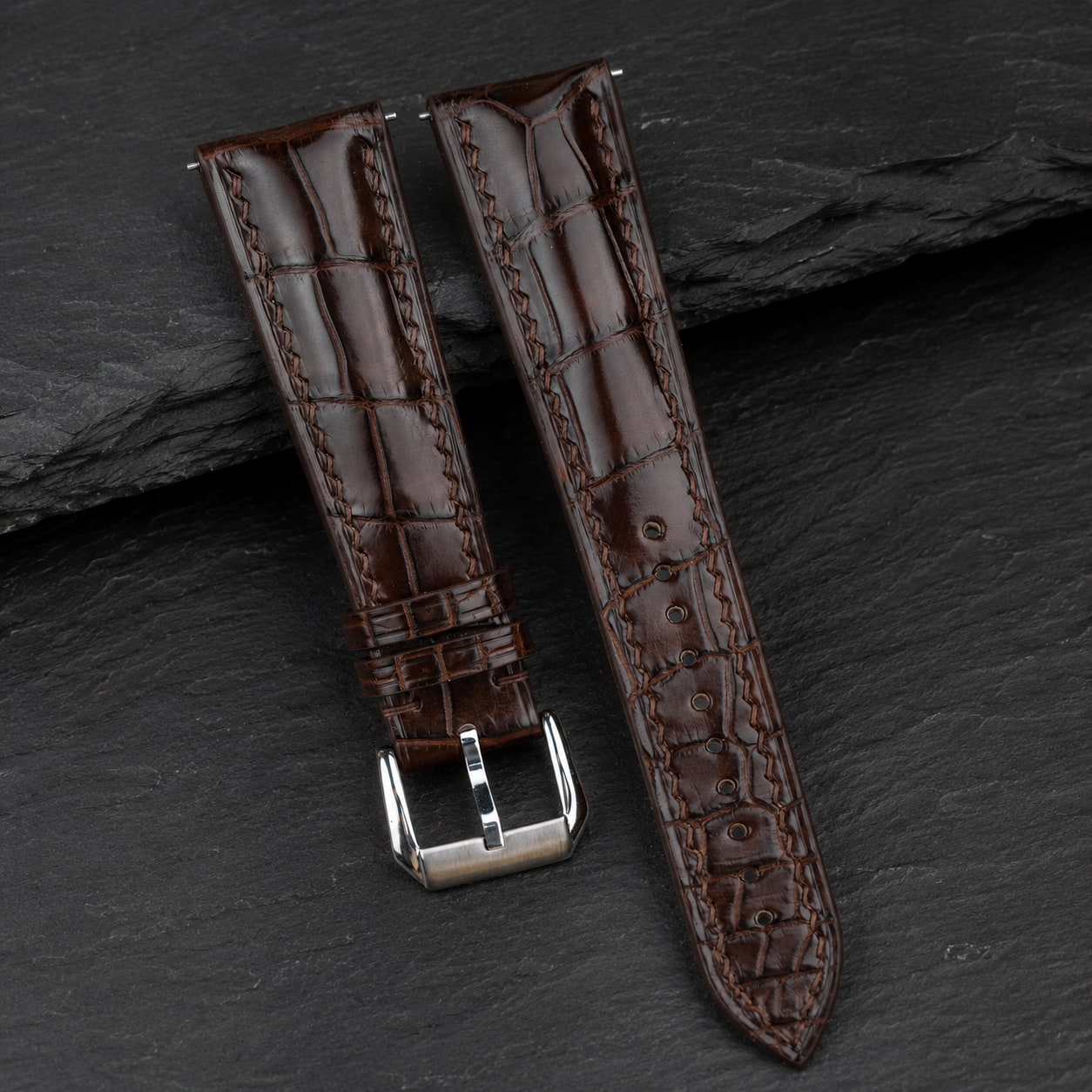 Mahogany Brown Alligator Leather Watch Strap - Handmade Quick Release Band