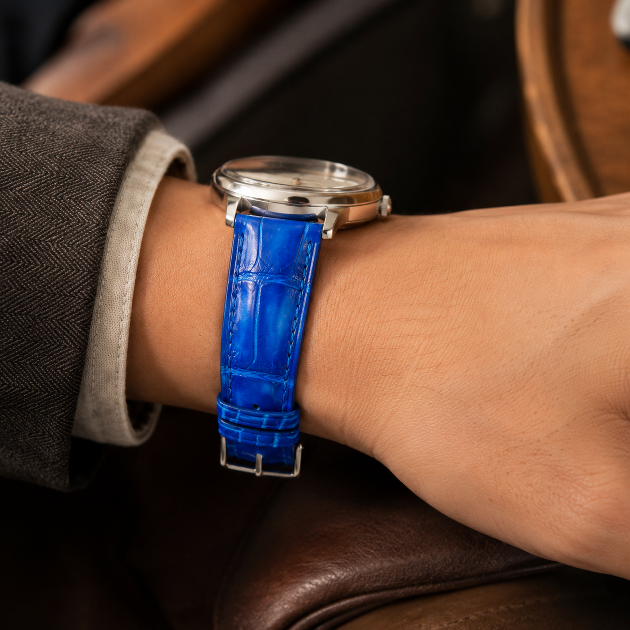 Blue Patina Alligator Leather Watch Strap - Handmade Quick Release Band