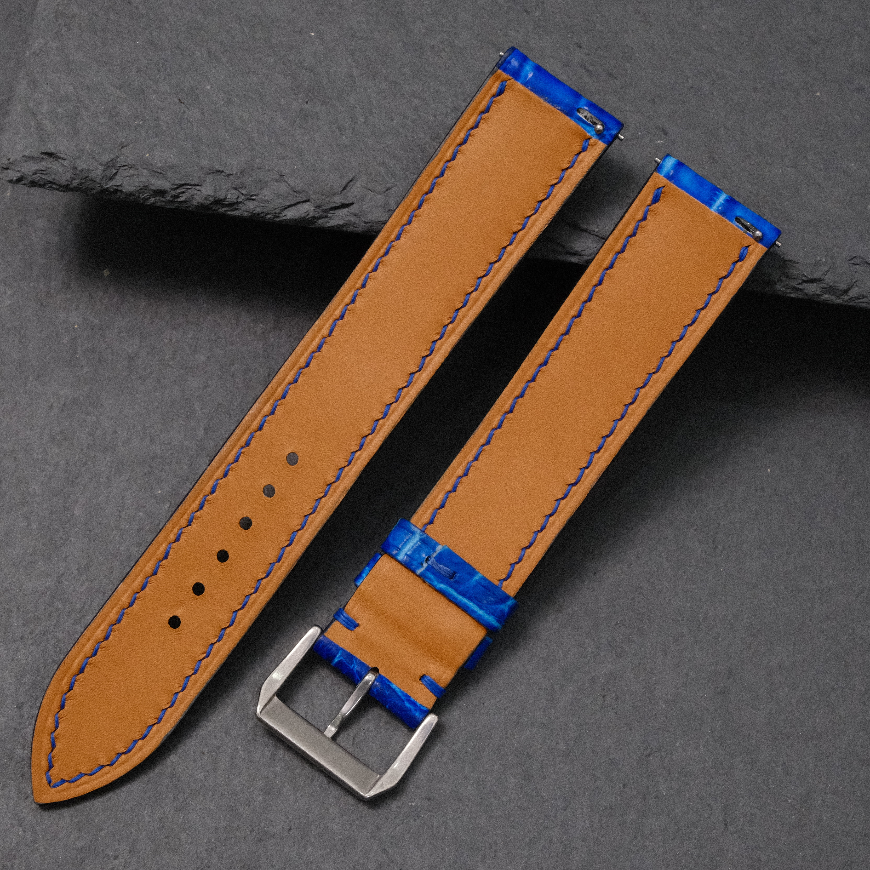 Blue Patina Alligator Leather Watch Strap - Handmade Quick Release Band