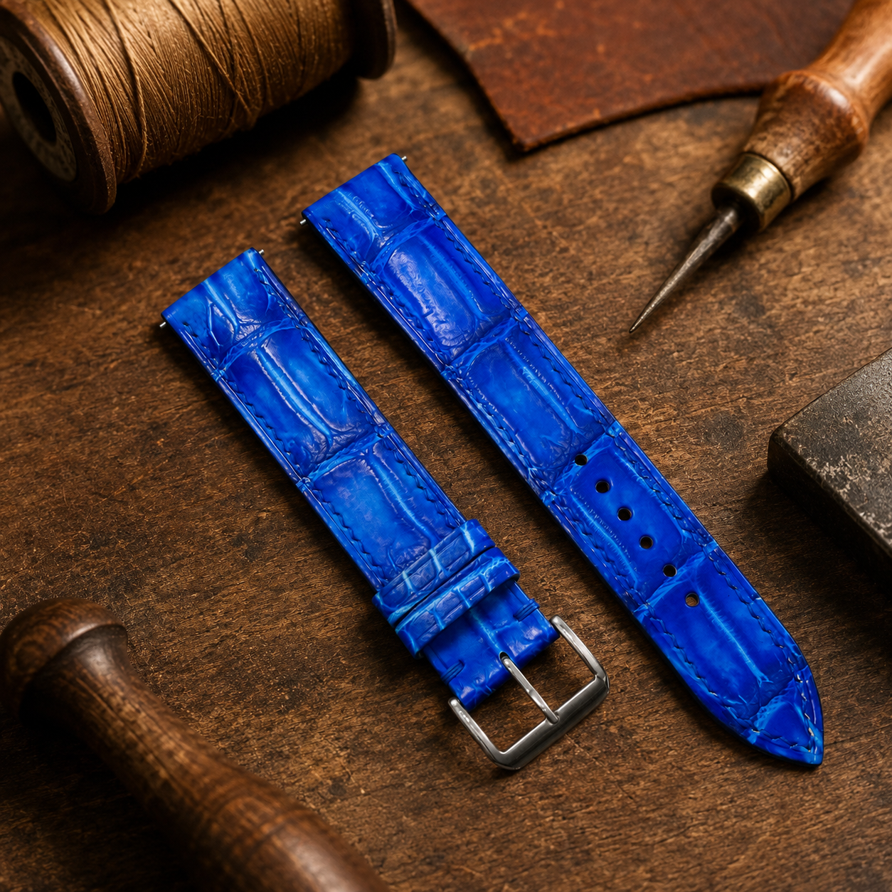 Blue Patina Alligator Leather Watch Strap - Handmade Quick Release Band