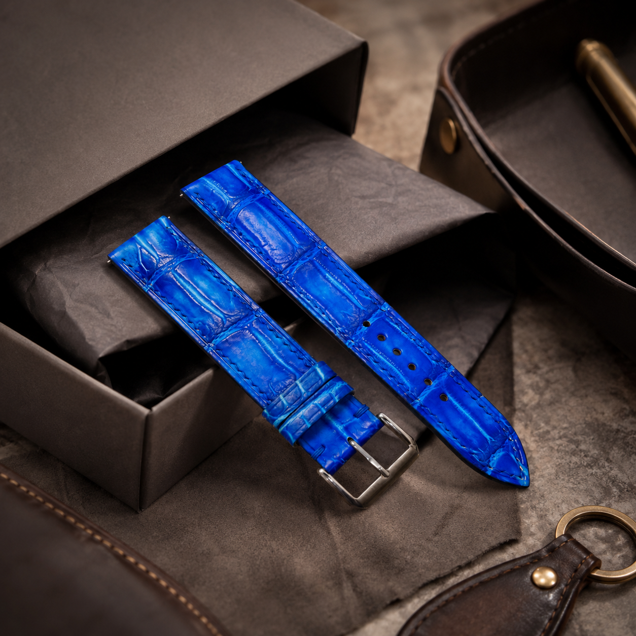 Blue Patina Alligator Leather Watch Strap - Handmade Quick Release Band