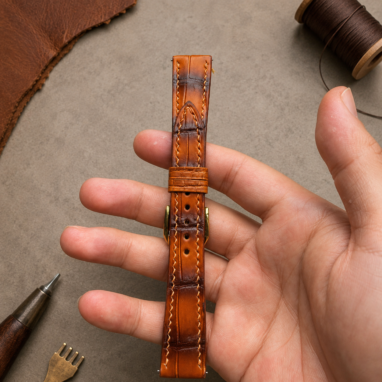 Brown Alligator Leather Watch Strap - Handmade Quick Release Band