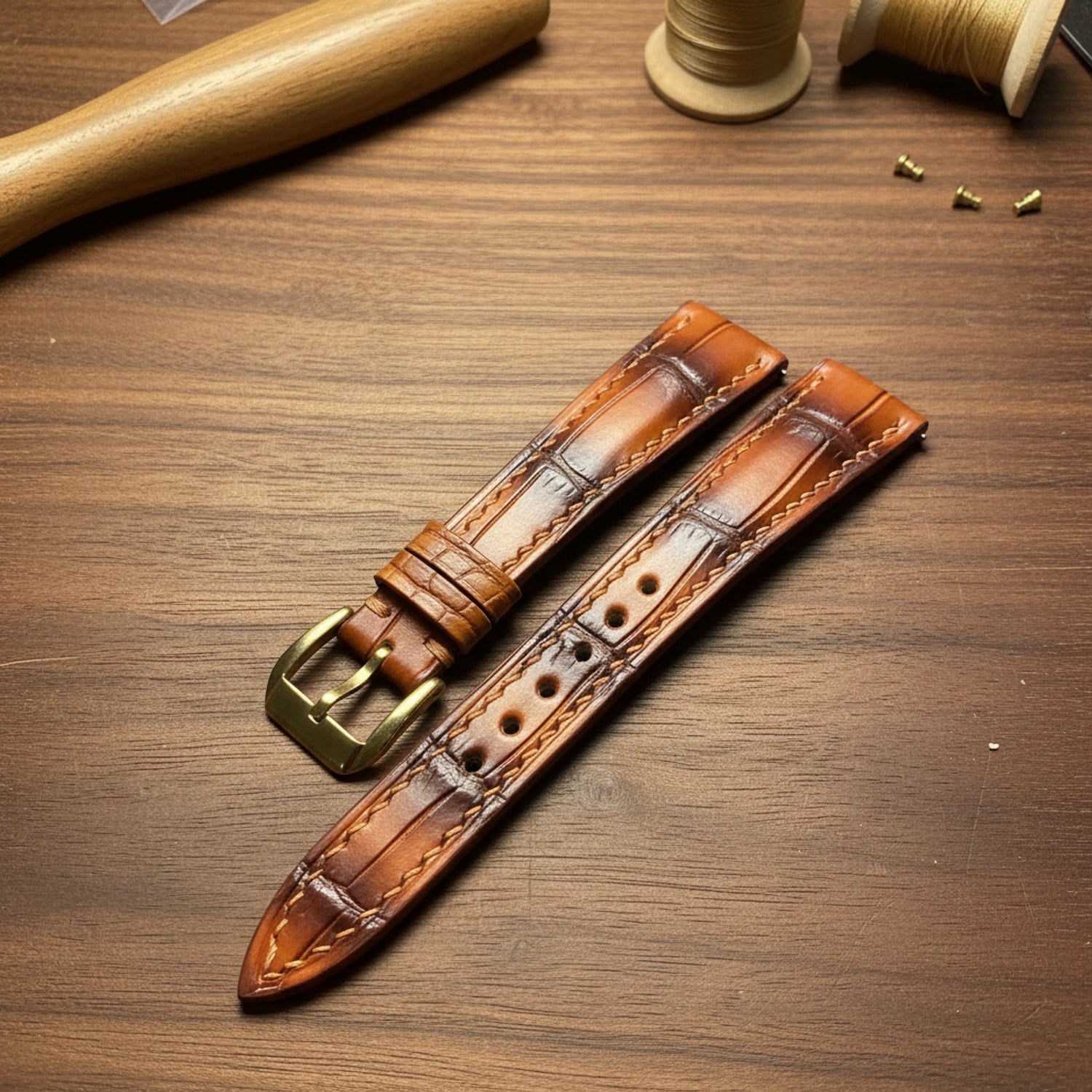 Brown Alligator Leather Watch Strap - Handmade Quick Release Band