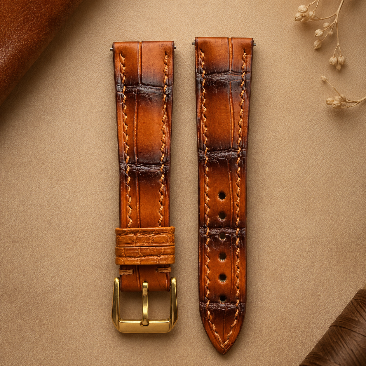 Brown Alligator Leather Watch Strap - Handmade Quick Release Band