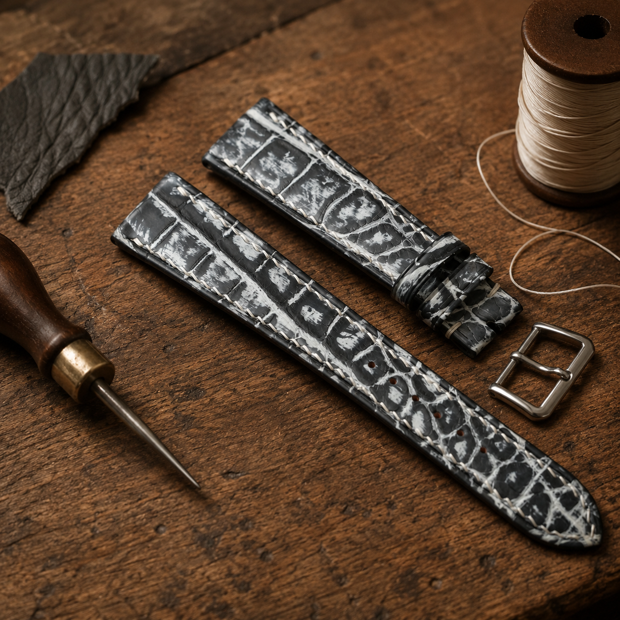 Gray Alligator Leather Watch Strap - Handmade Quick Release Band