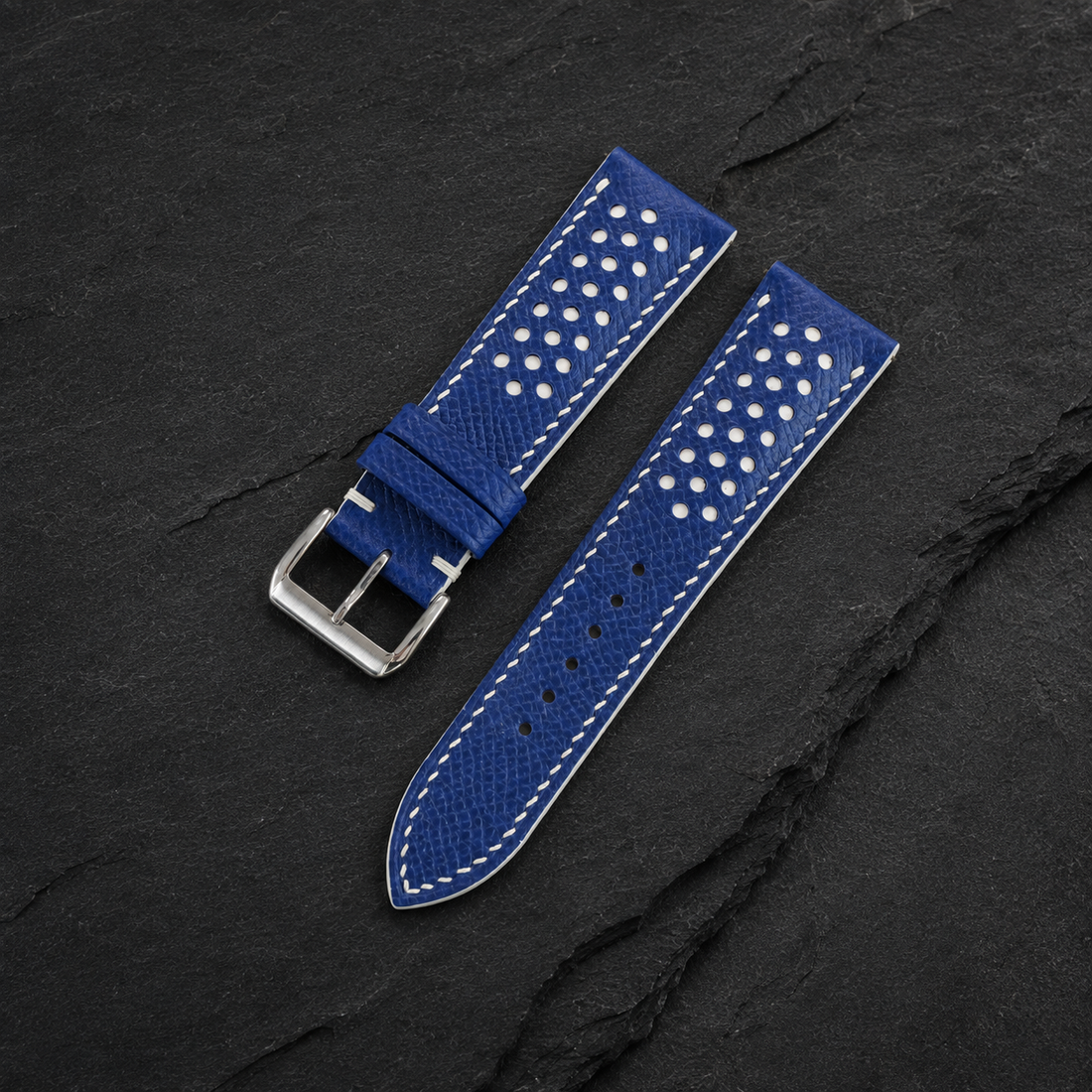 Blue And White Racing Epsom Leather Watch Strap - Handmade