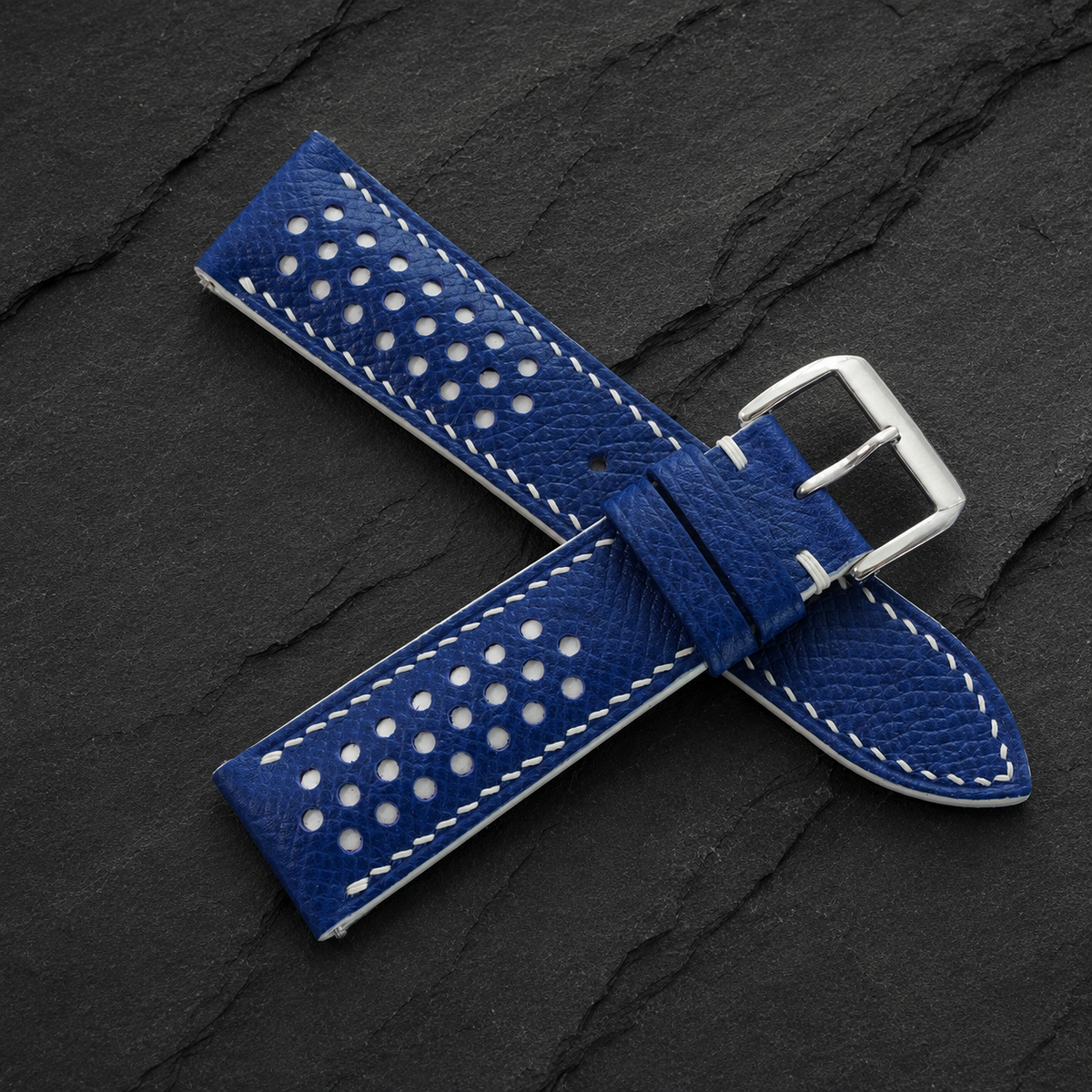 Blue And White Racing Epsom Leather Watch Strap - Handmade