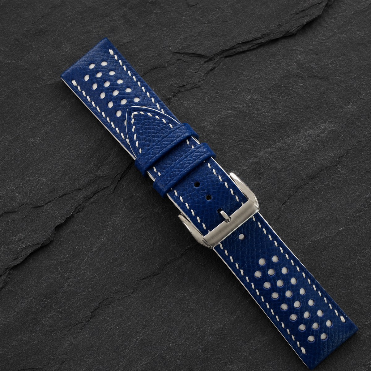 Blue And White Racing Epsom Leather Watch Strap - Handmade