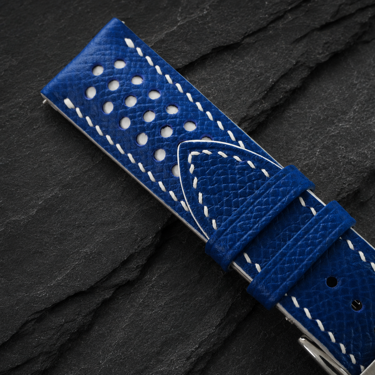 Blue And White Racing Epsom Leather Watch Strap - Handmade