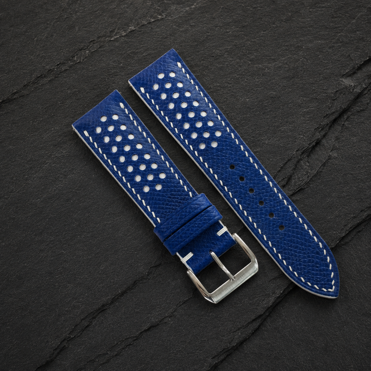 Blue And White Racing Epsom Leather Watch Strap - Handmade