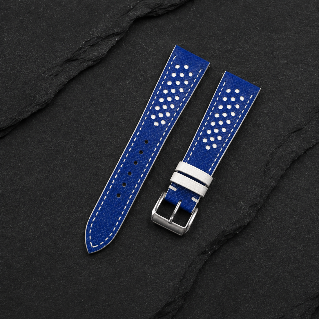 Blue And White White Keeper Racing Epsom Leather Watch Strap - Handmade