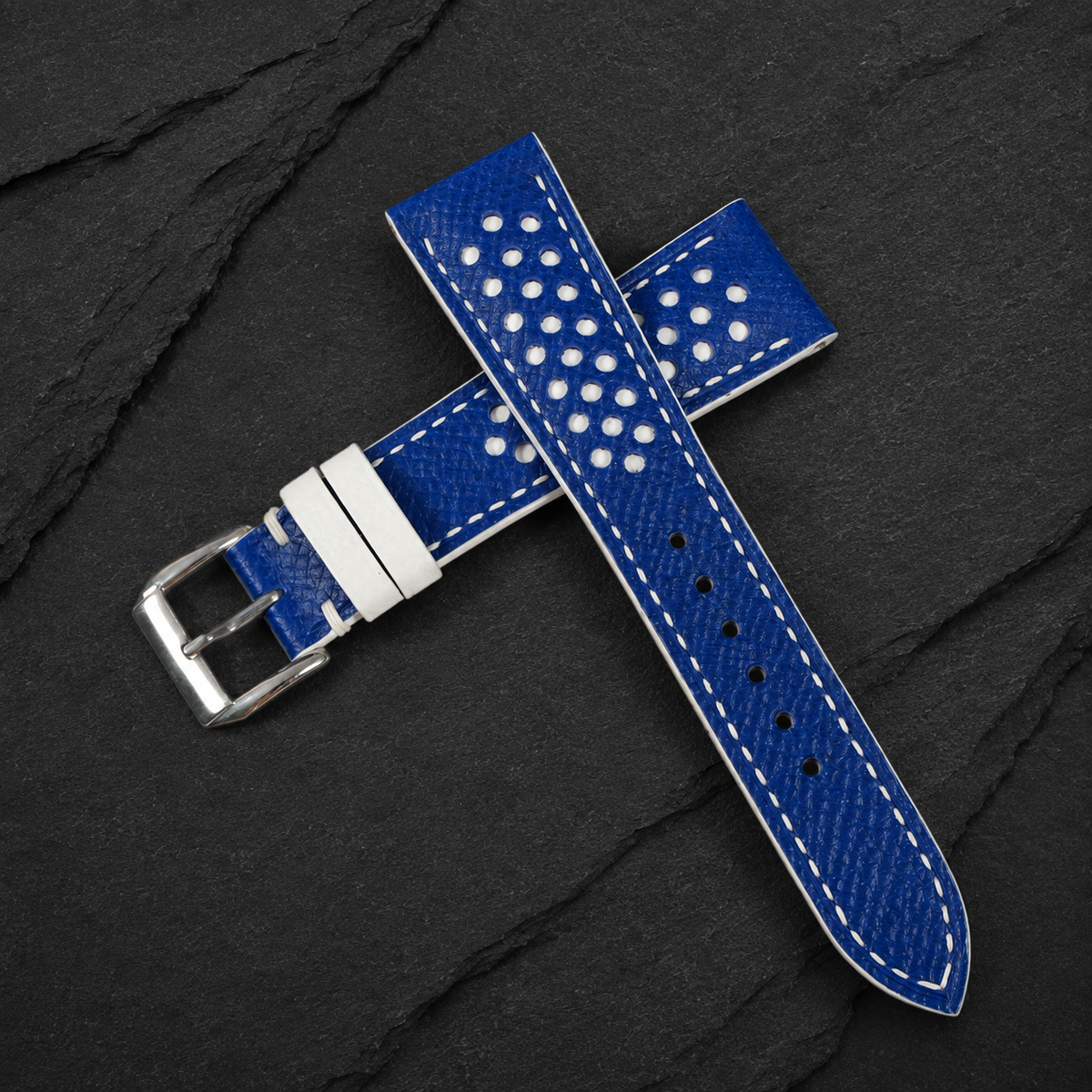 Blue And White White Keeper Racing Epsom Leather Watch Strap - Handmade