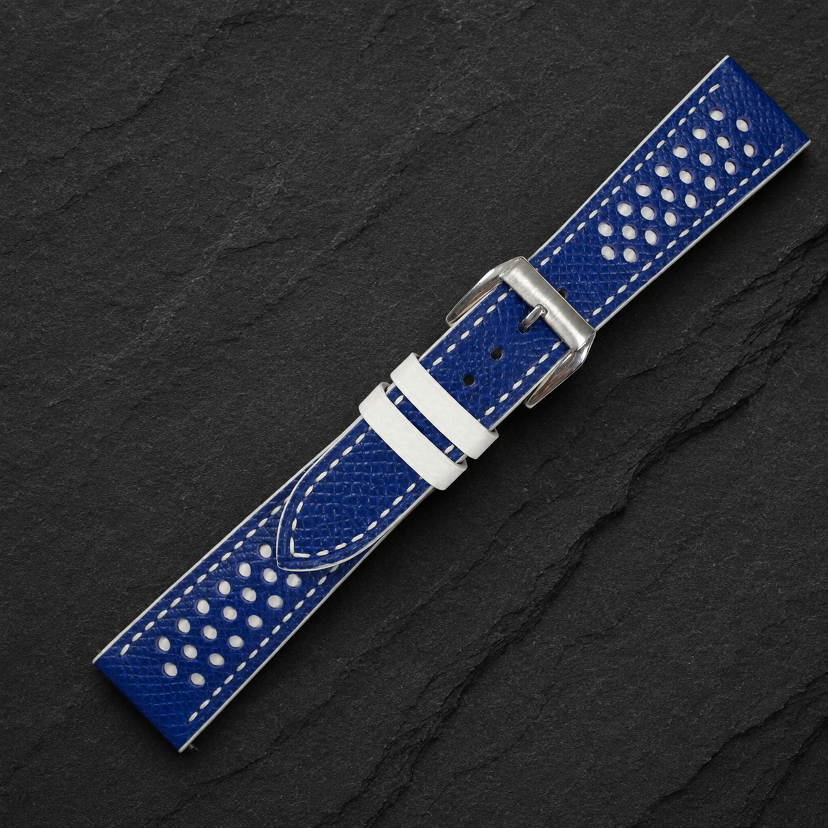 Blue And White White Keeper Racing Epsom Leather Watch Strap - Handmade