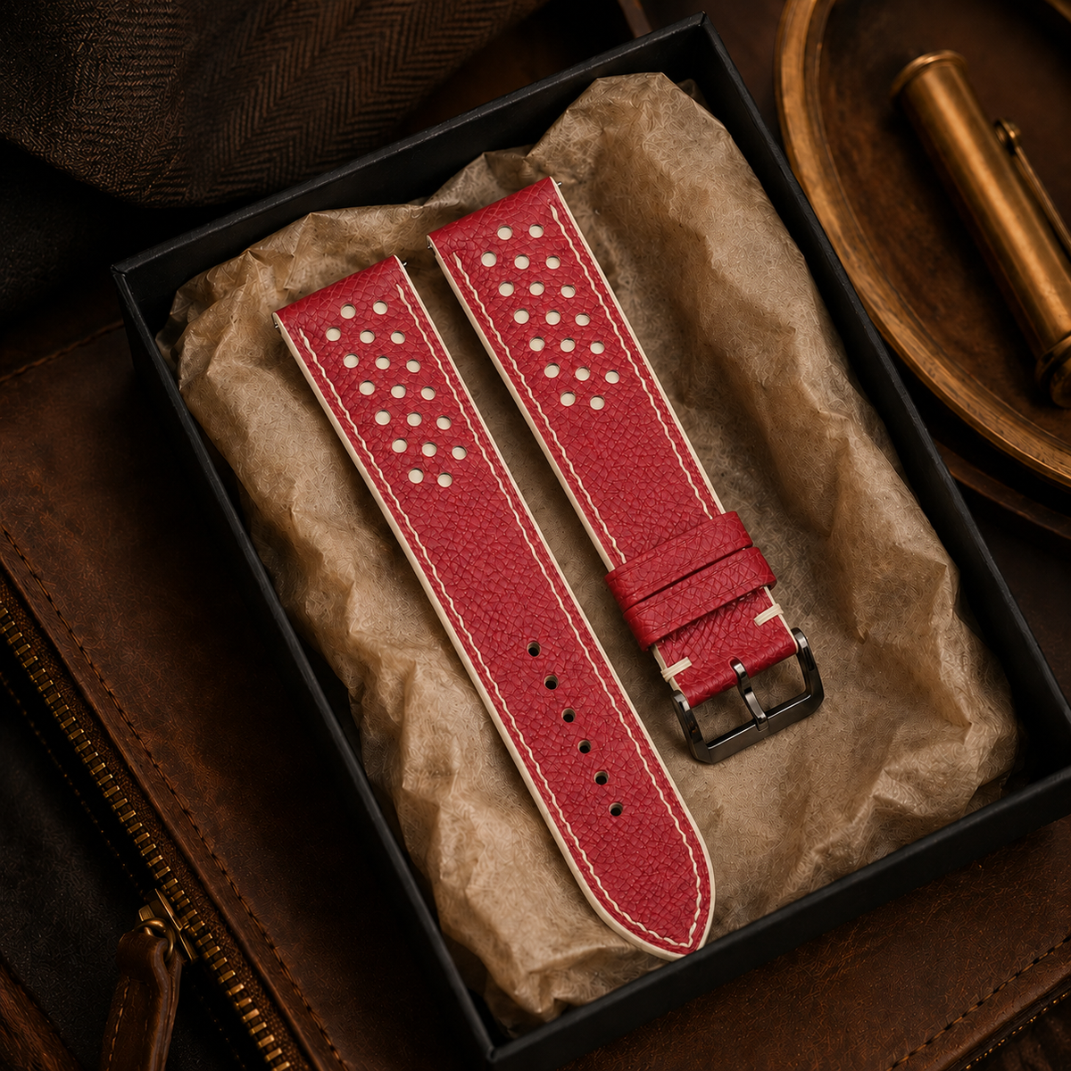 Red And Cream Small Racing Epsom Leather Watch Strap - Handmade