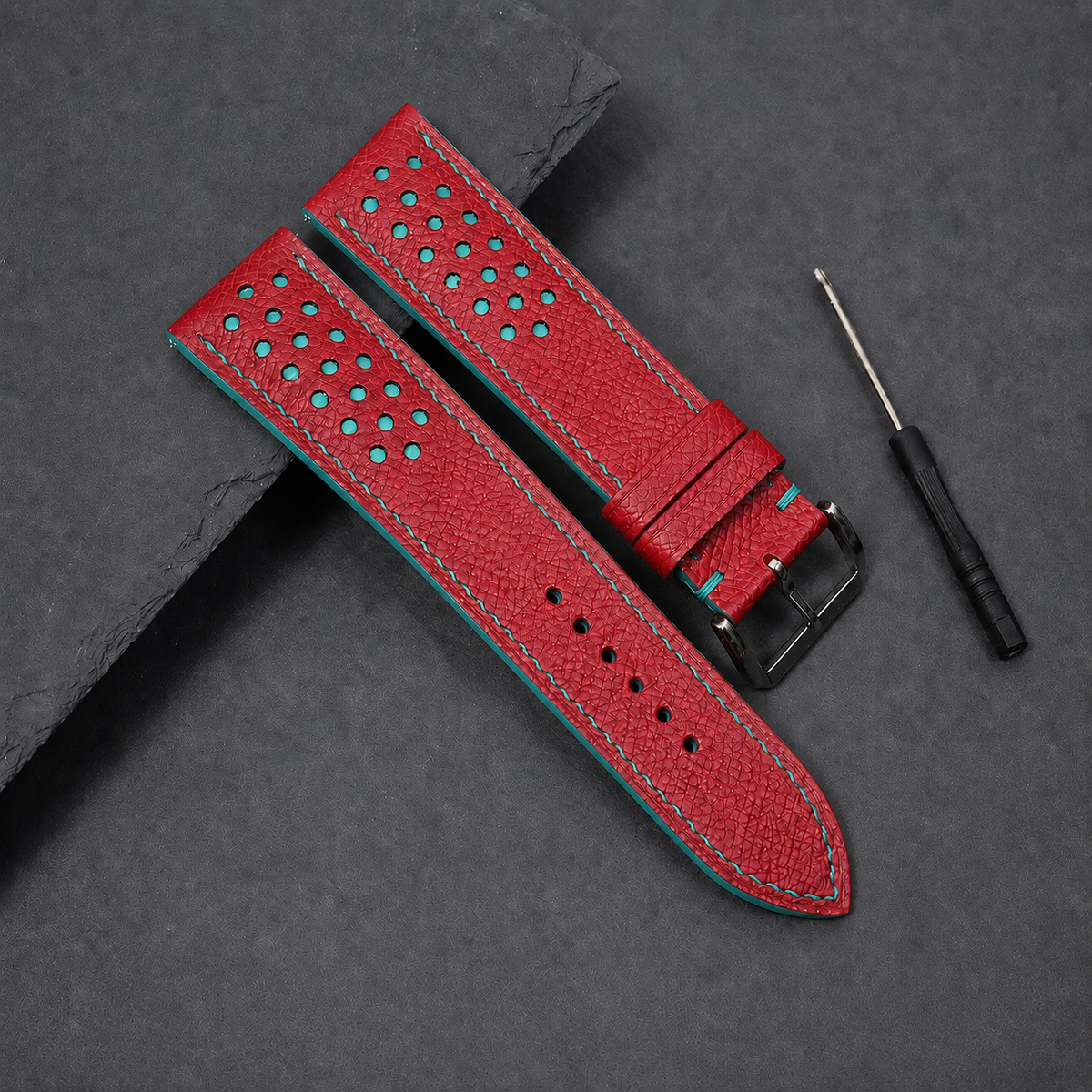 Red And Turquoise Small Racing Epsom Leather Watch Strap - Handmade
