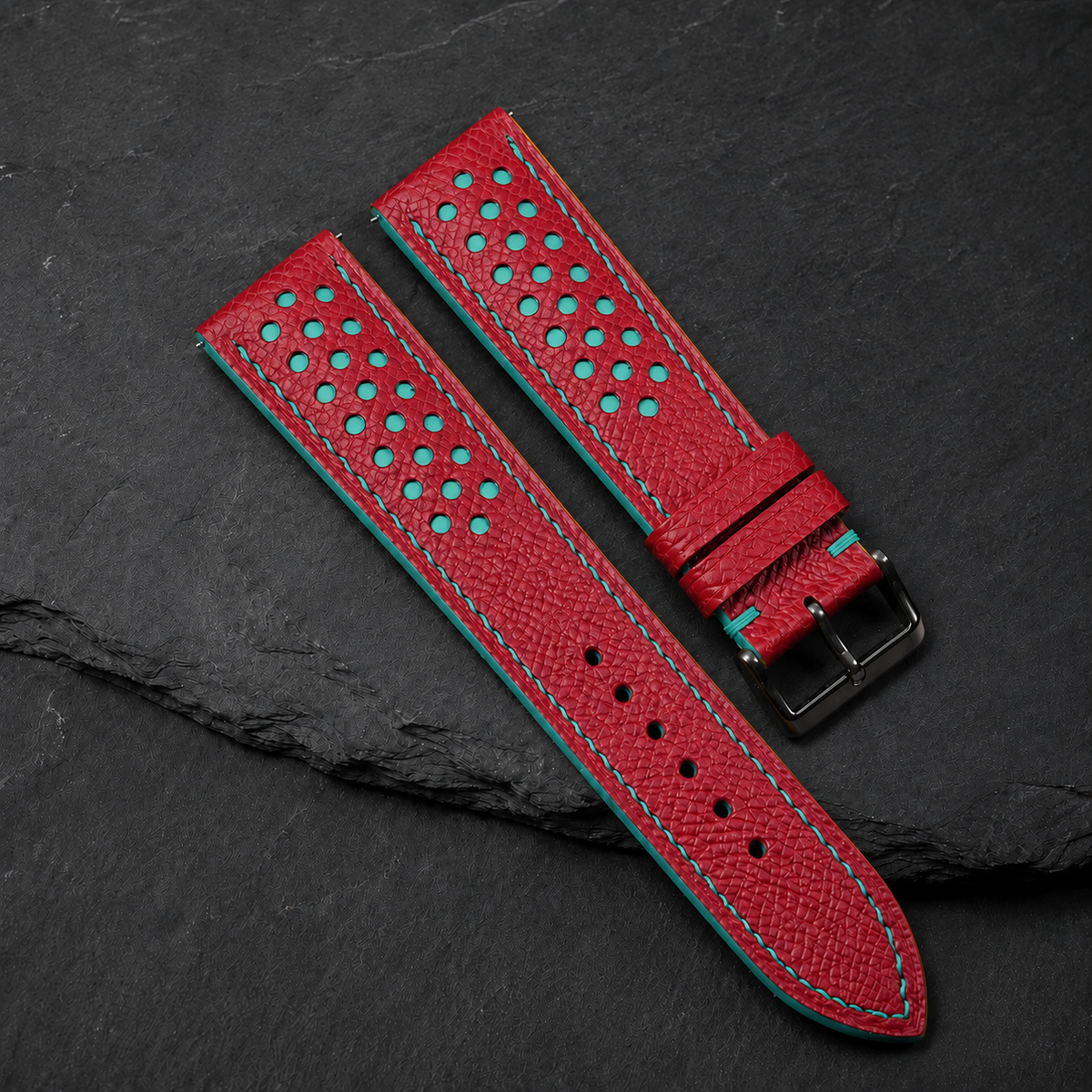 Red And Turquoise Small Racing Epsom Leather Watch Strap - Handmade