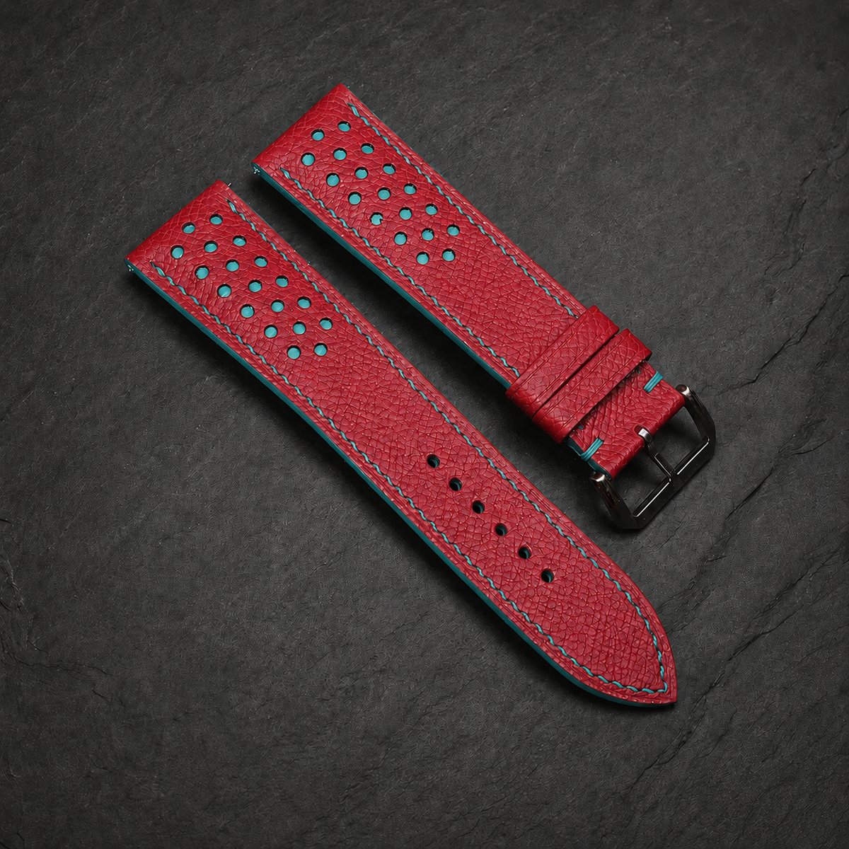 Red And Turquoise Small Racing Epsom Leather Watch Strap - Handmade