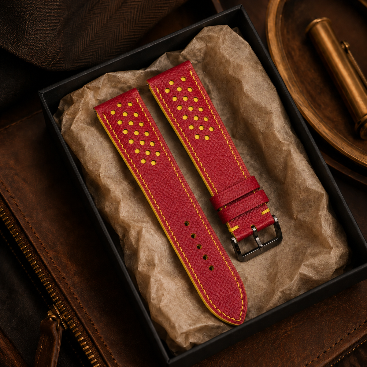 Red And Yellow Small Racing Epsom Leather Watch Strap - Handmade