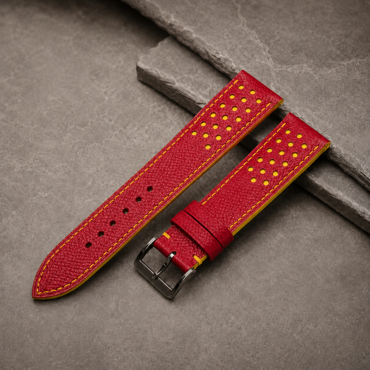 Red And Yellow Small Racing Epsom Leather Watch Strap - Handmade