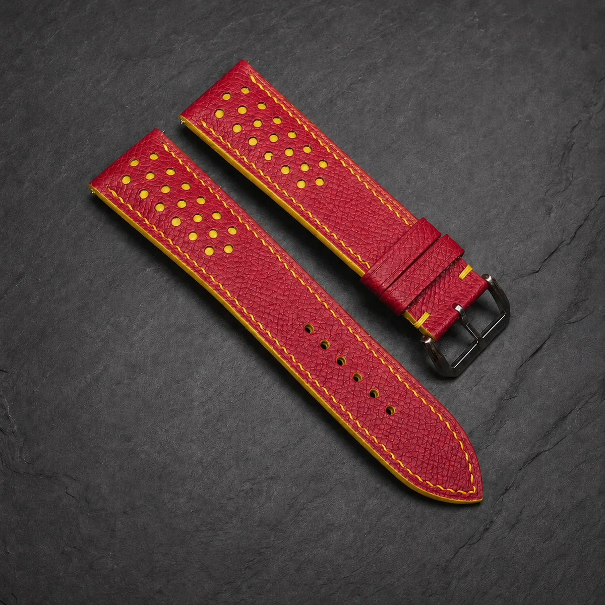 Red And Yellow Small Racing Epsom Leather Watch Strap - Handmade