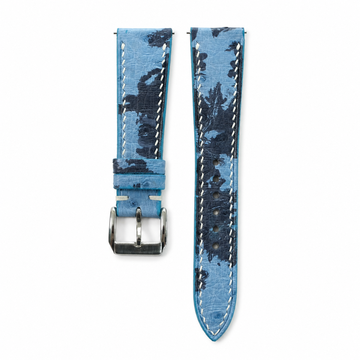 Sky Blue Navy Camo Ostrich Leather Watch Strap - Handmade