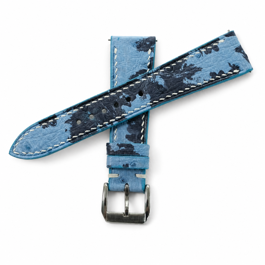Sky Blue Navy Camo Ostrich Leather Watch Strap - Handmade
