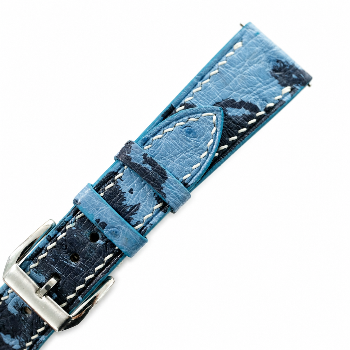 Sky Blue Navy Camo Ostrich Leather Watch Strap - Handmade