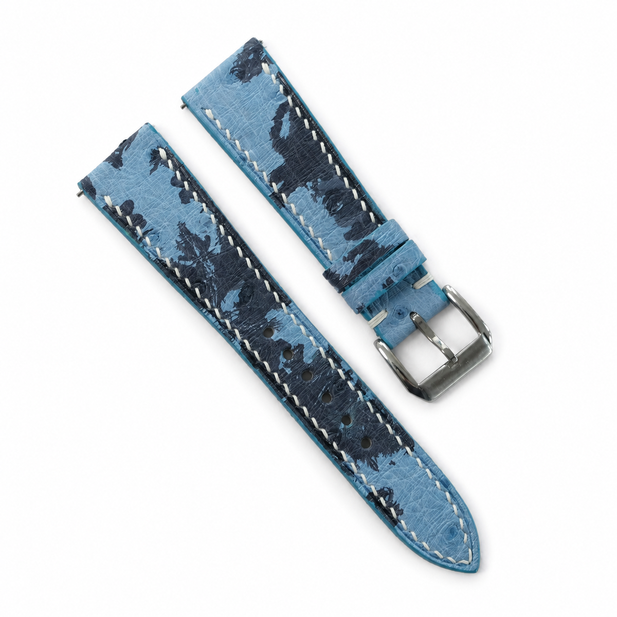 Sky Blue Navy Camo Ostrich Leather Watch Strap - Handmade