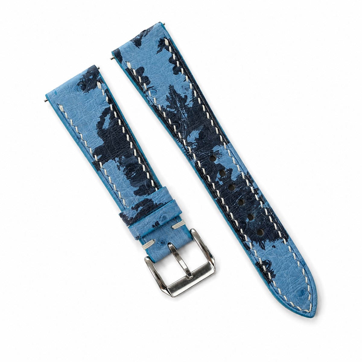 Sky Blue Navy Camo Ostrich Leather Watch Strap - Handmade