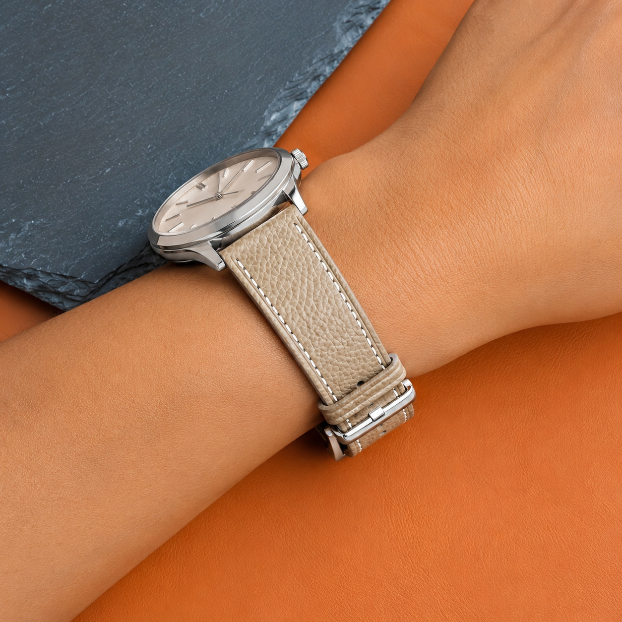 Taupe Epsom Leather Watch Strap - Handmade Quick Release Band