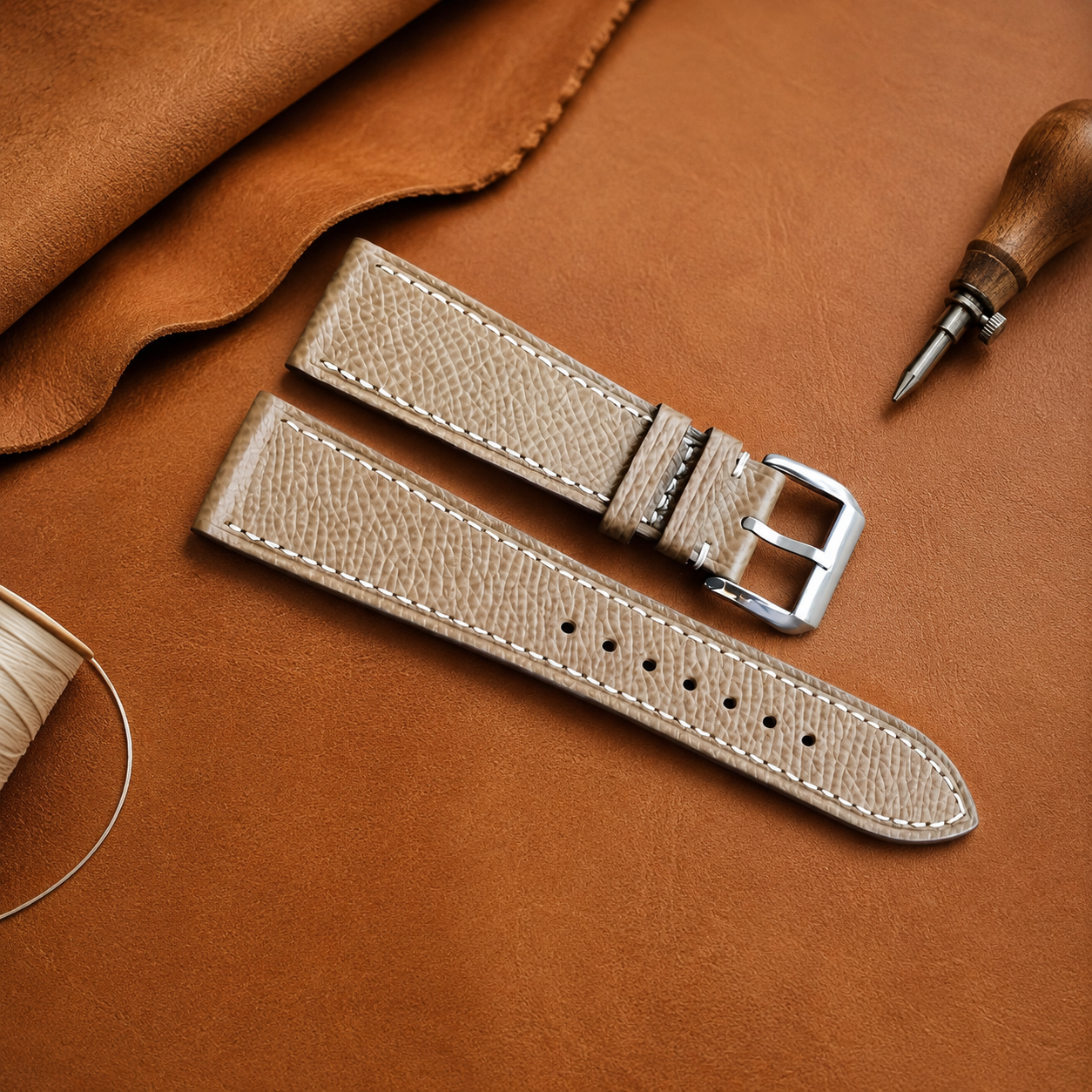 Taupe Epsom Leather Watch Strap - Handmade Quick Release Band
