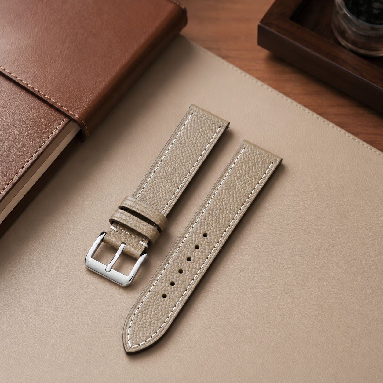 Taupe Epsom Leather Watch Strap - Handmade Quick Release Band
