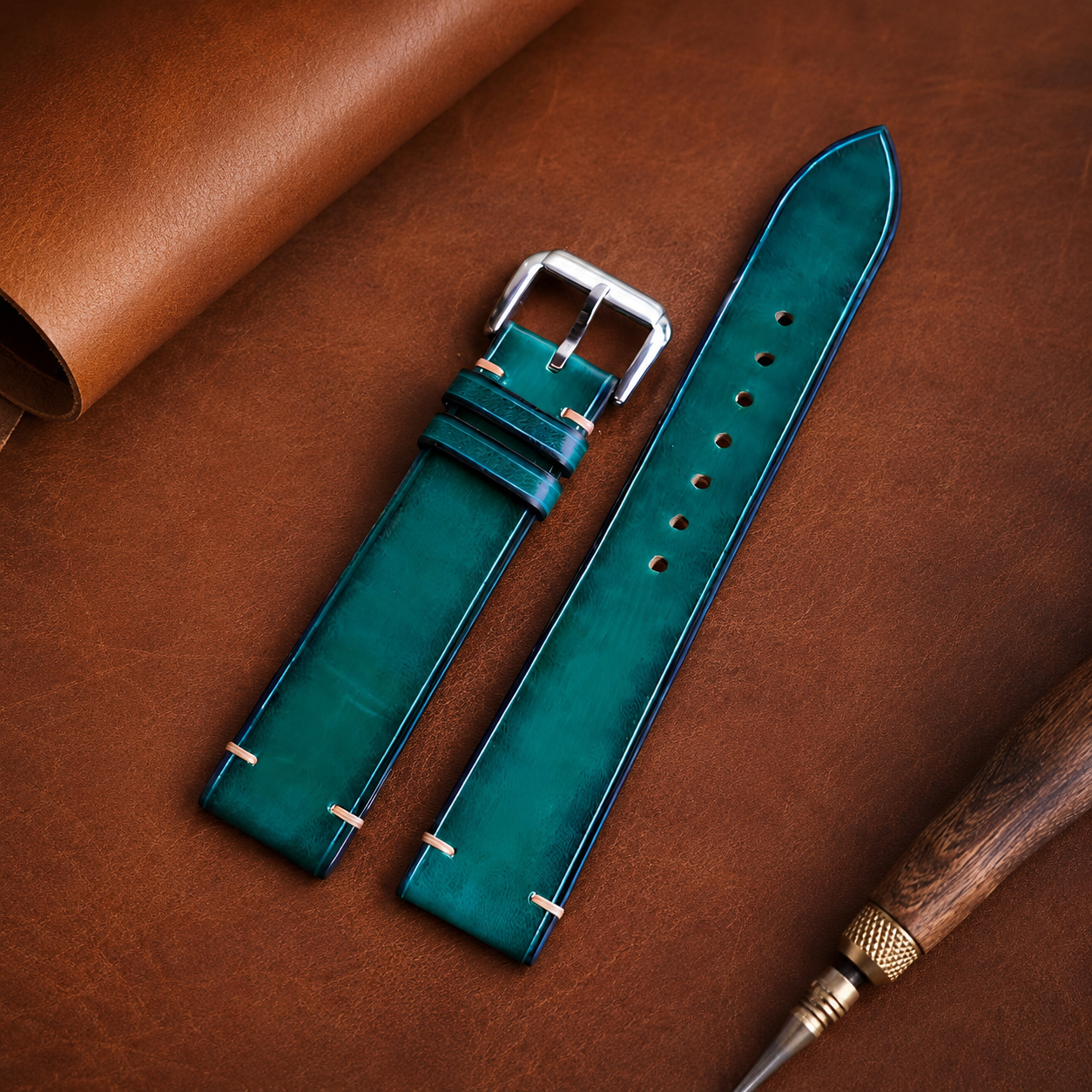Teal Patina Leather Watch Strap - Handmade Quick Release Band