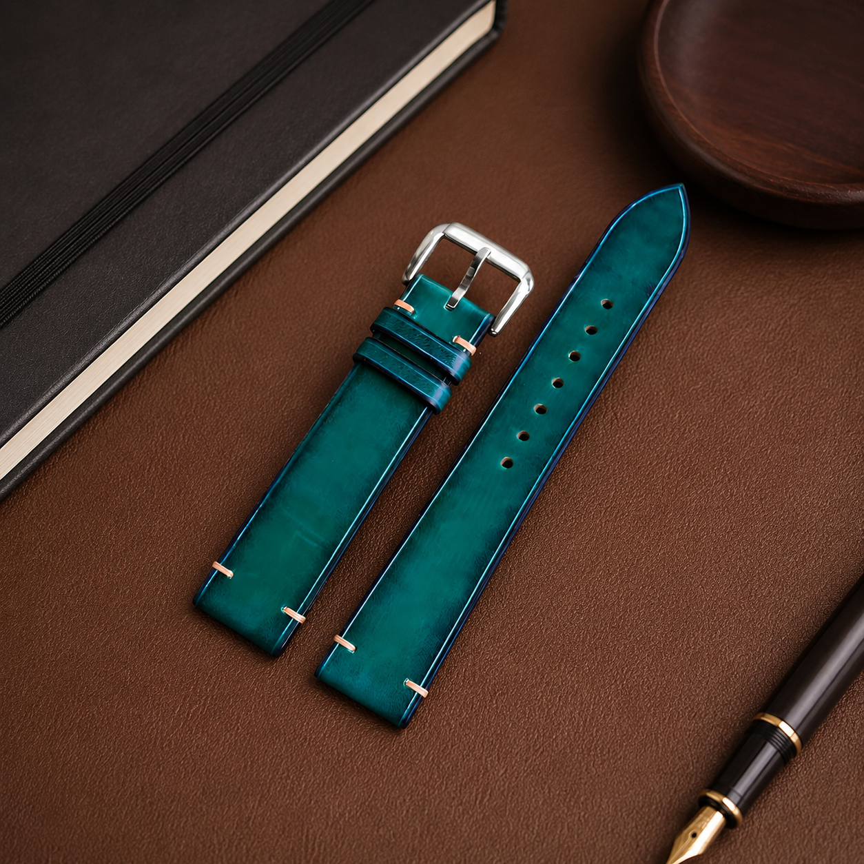 Teal Patina Leather Watch Strap - Handmade Quick Release Band