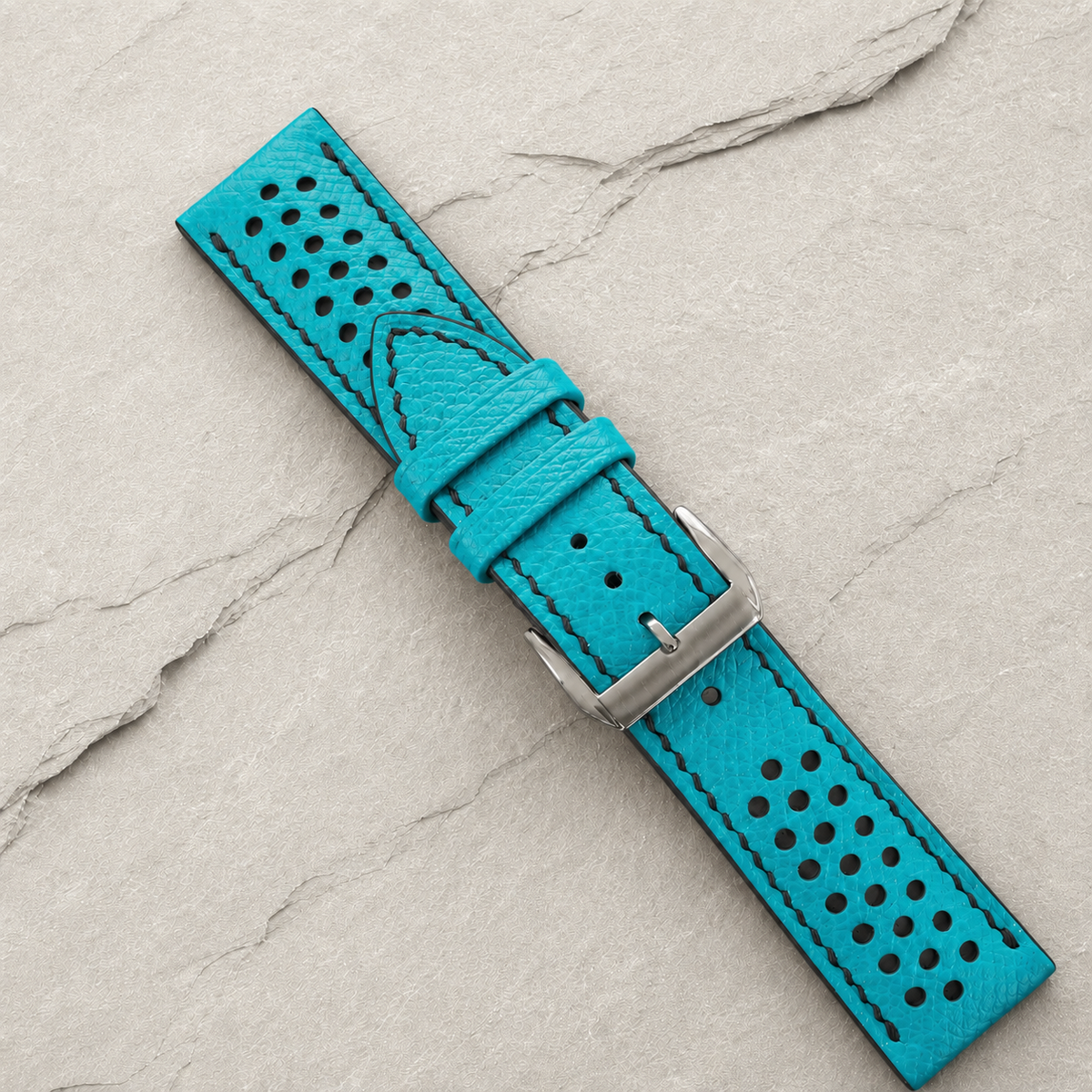 Turquoise And Black Small Racing Epsom Leather Watch Strap - Handmade
