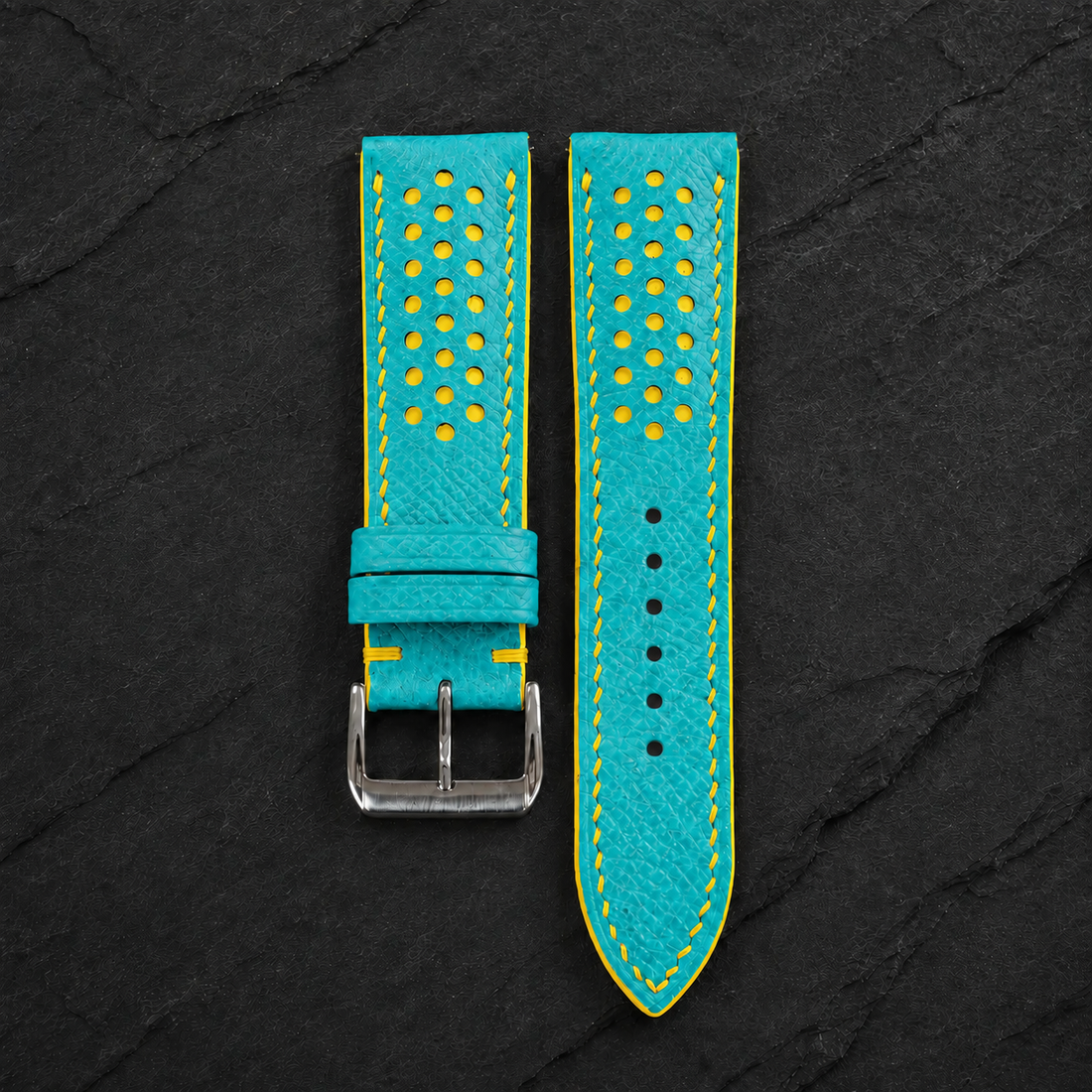 Turquoise And Yellow Small Racing Epsom Leather Watch Strap - Handmade