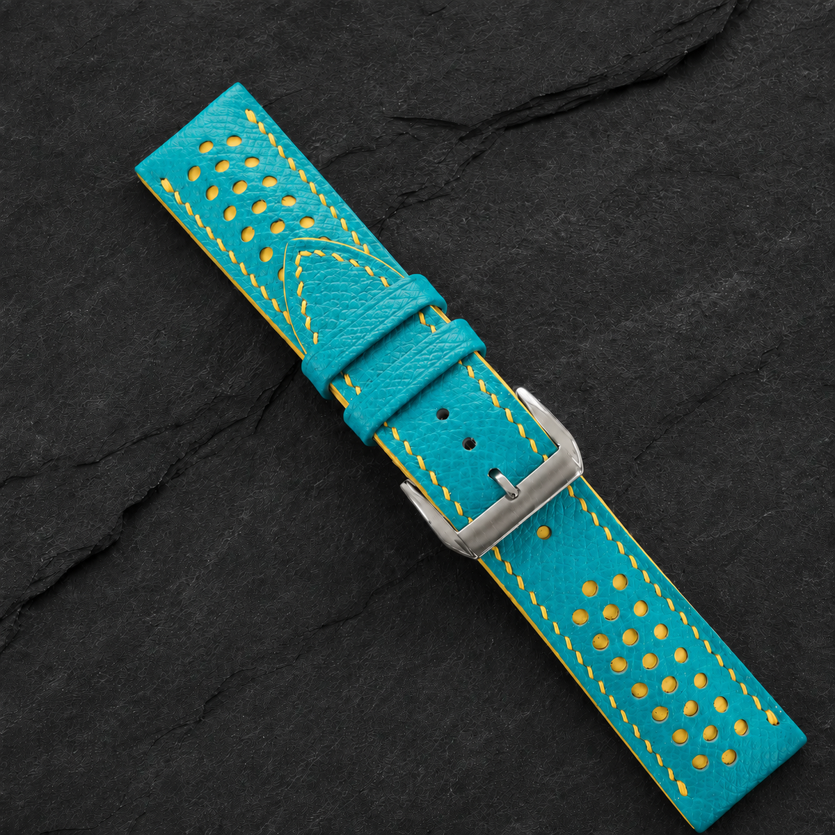 Turquoise And Yellow Small Racing Epsom Leather Watch Strap - Handmade