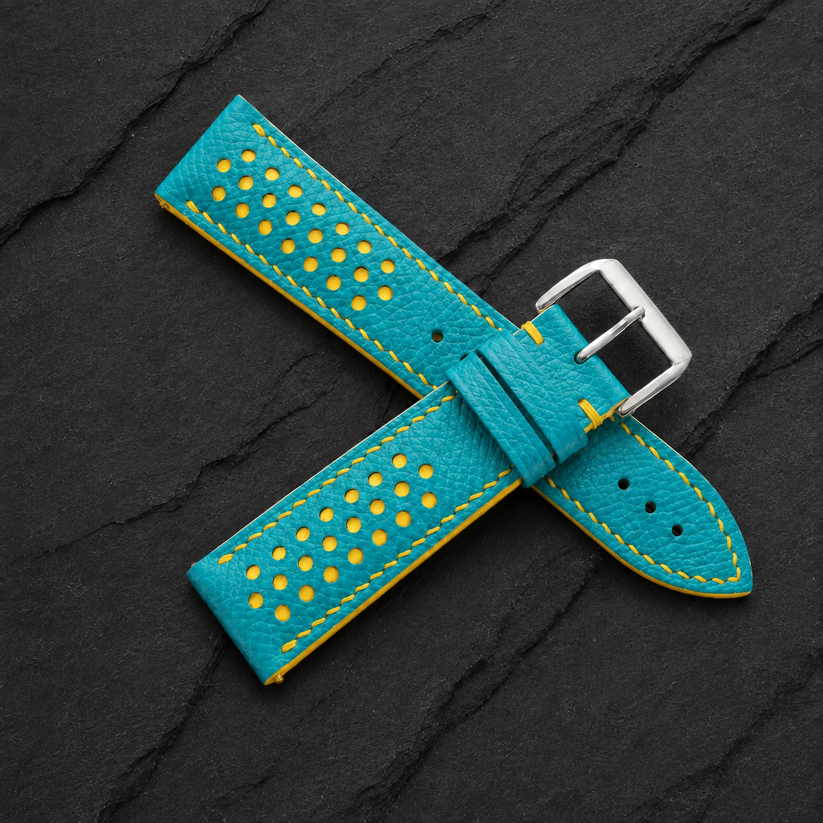 Turquoise And Yellow Small Racing Epsom Leather Watch Strap - Handmade