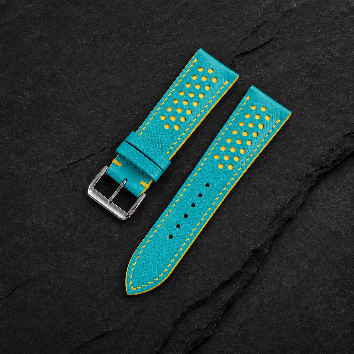 Turquoise And Yellow Small Racing Epsom Leather Watch Strap - Handmade
