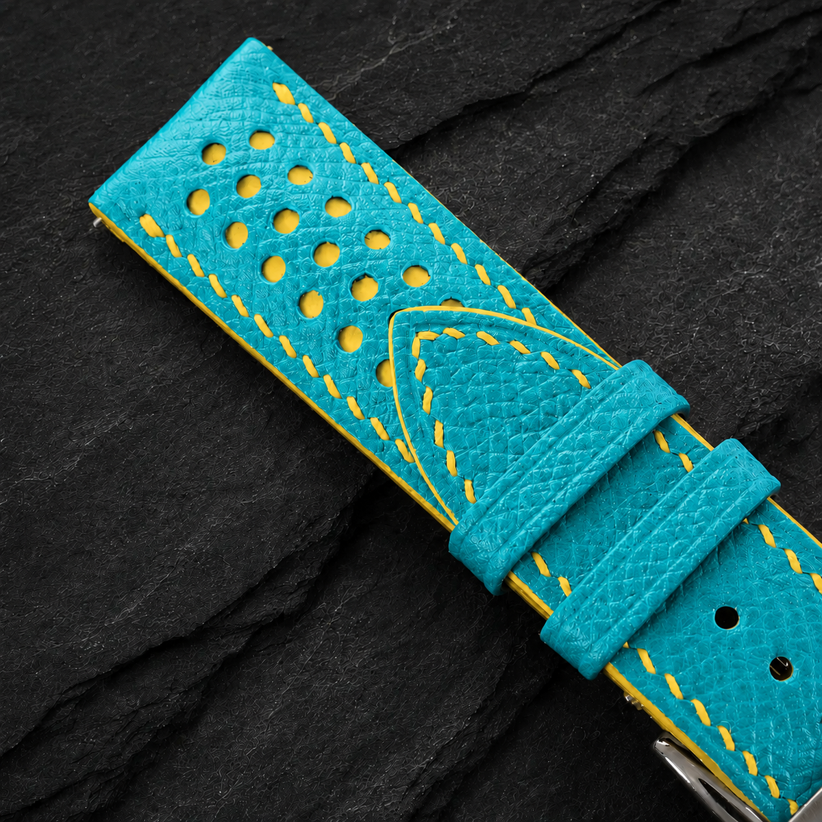Turquoise And Yellow Small Racing Epsom Leather Watch Strap - Handmade