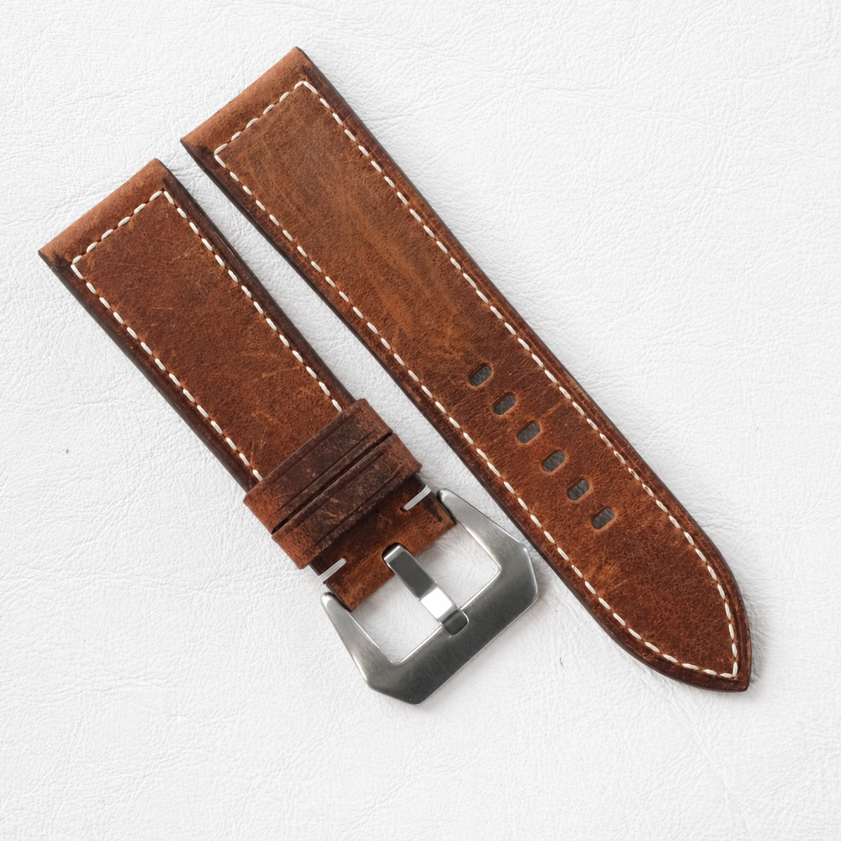 Brown Box Waxed Leather Watch Strap - Handmade