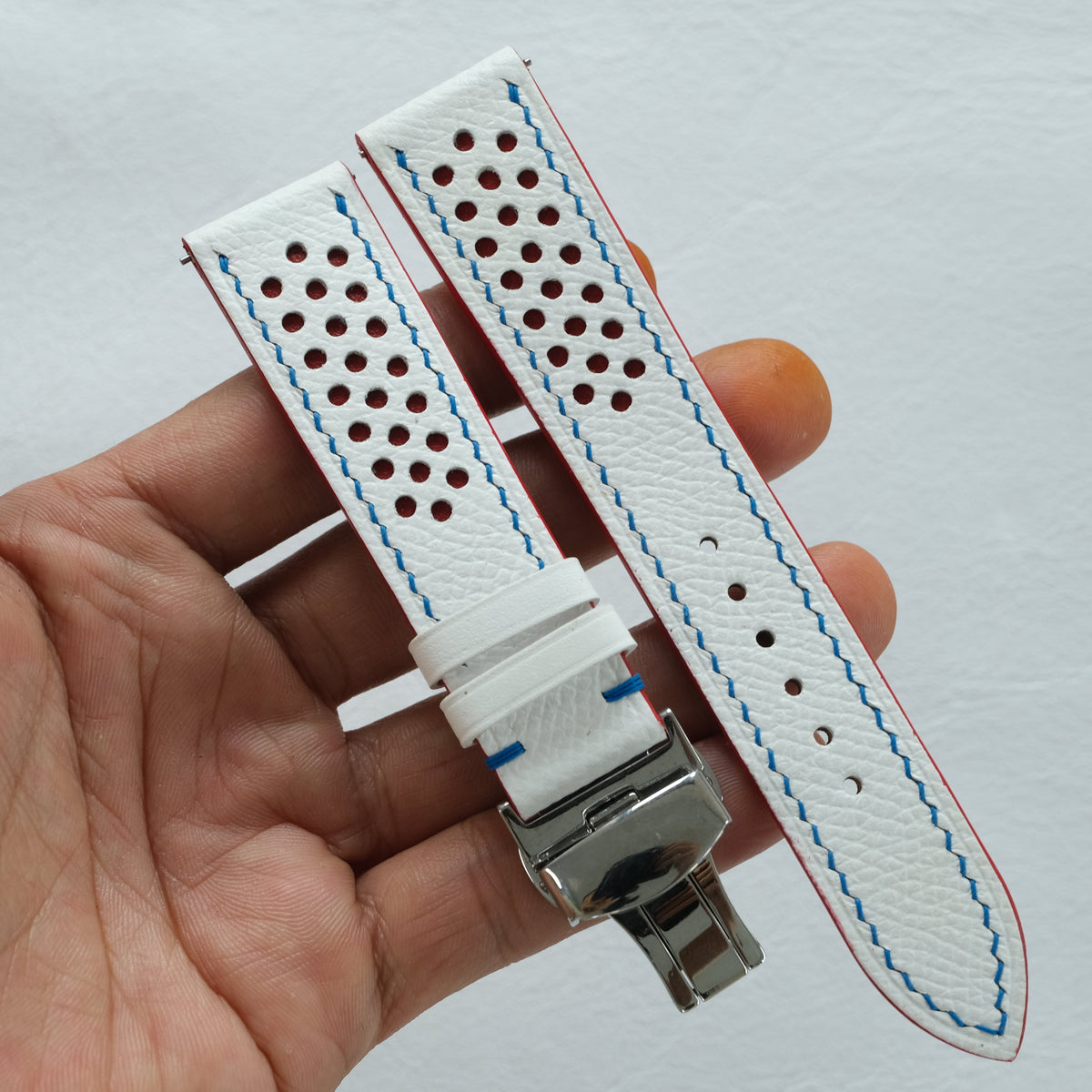 White And Red Epsom Leather Watch Strap - Handmade